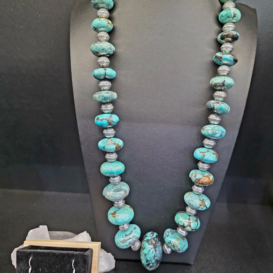 Handmade Navajo-Style Turquoise & Sterling Silver Necklace & Earrings Set